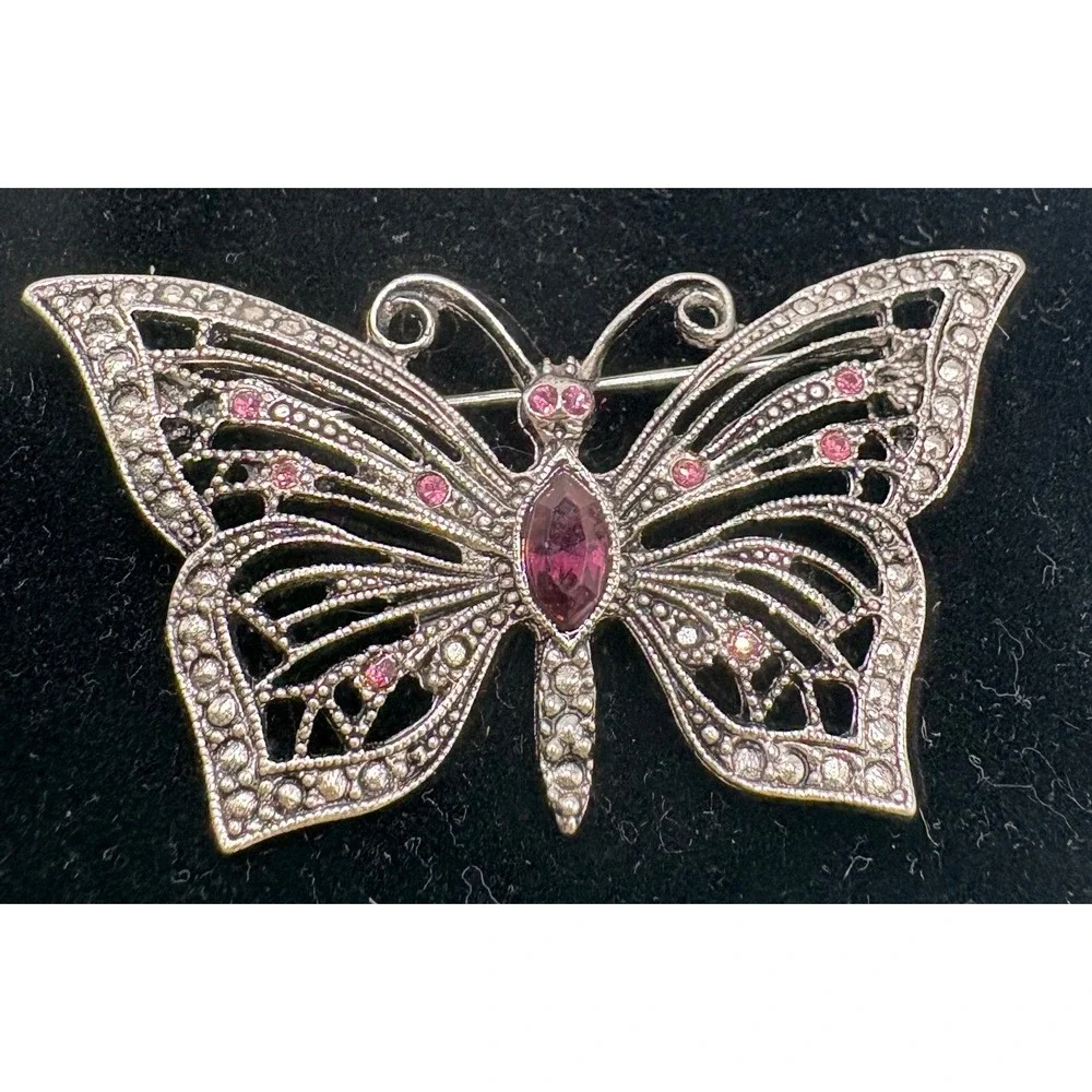 VTG Signed LIA Butterfly Brooch Pink Rhinestones Faux Marcasite Silver Tone